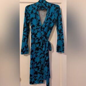 Stylish Blue and Black Belted Wrap Dress